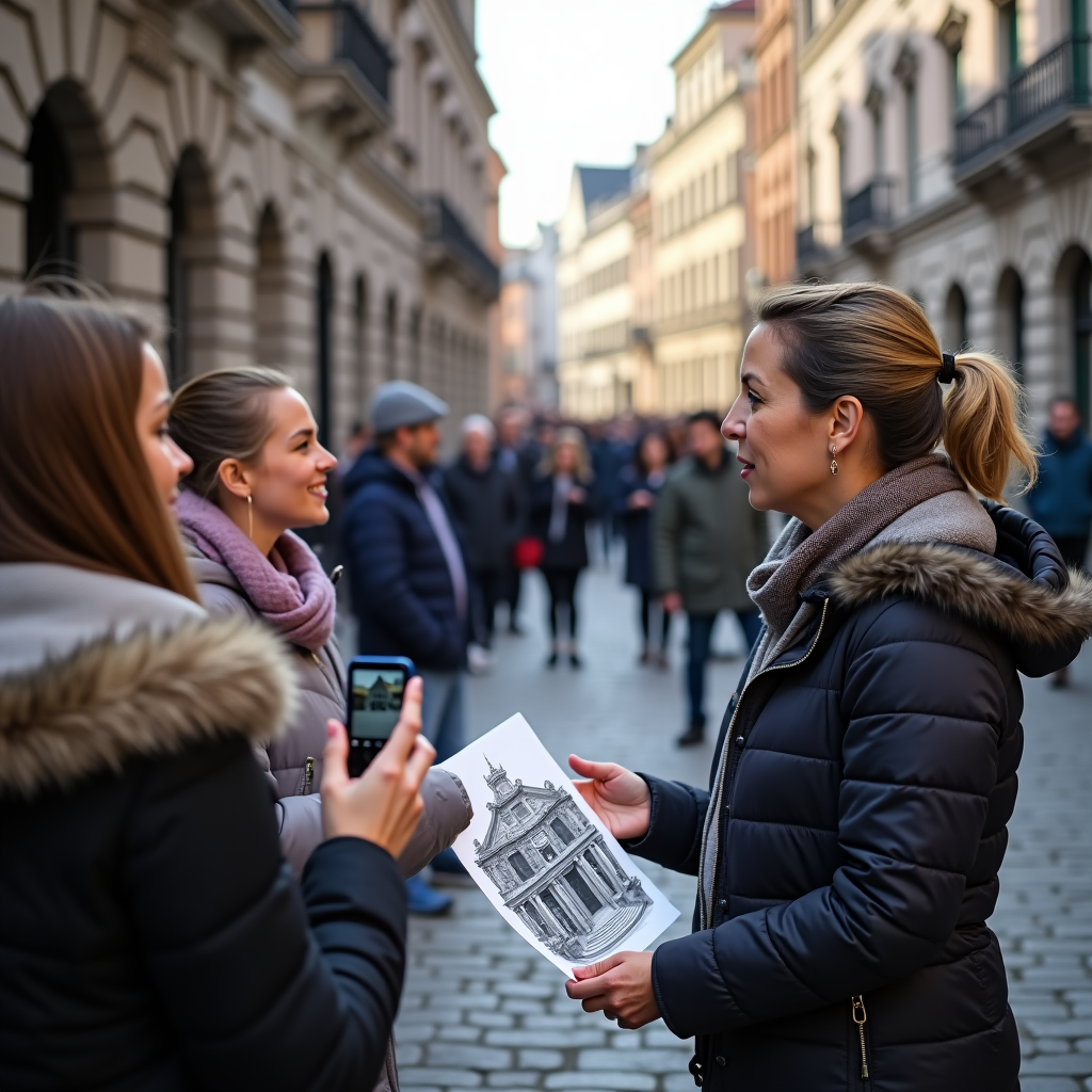 Guide explaining historical architecture to tourists in Old Montreal