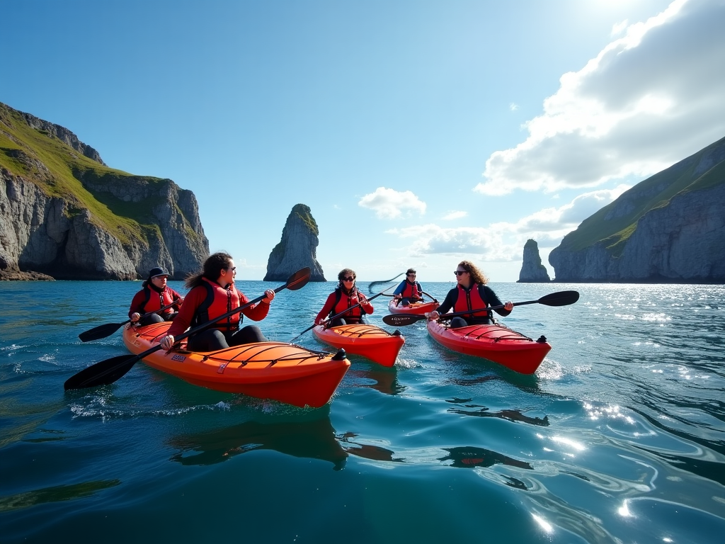 Small tour group kayaking along dramatic coastal cliffs with diverse marine wildlife visible