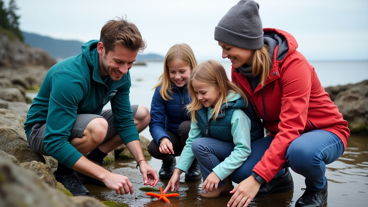 Family exploring tide pools with naturalist guide pointing out marine species