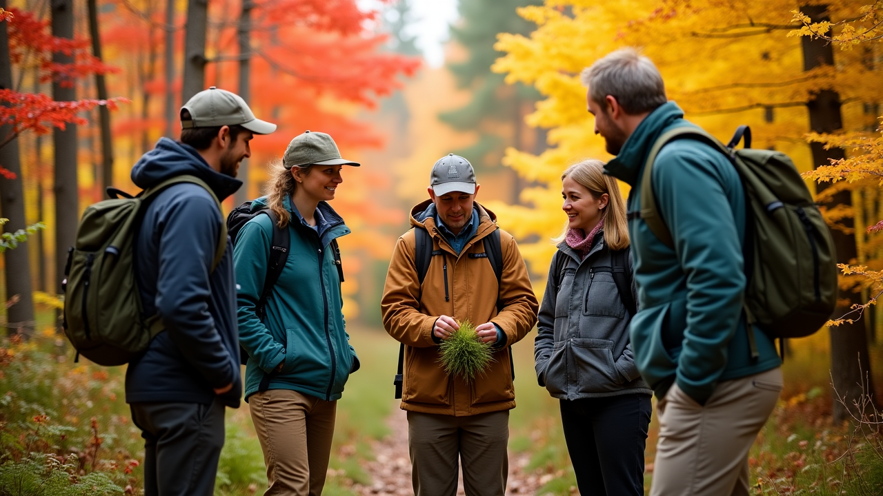 Group hiking through vibrant fall foliage in eastern Canadian forests with guide explaining ecosystem