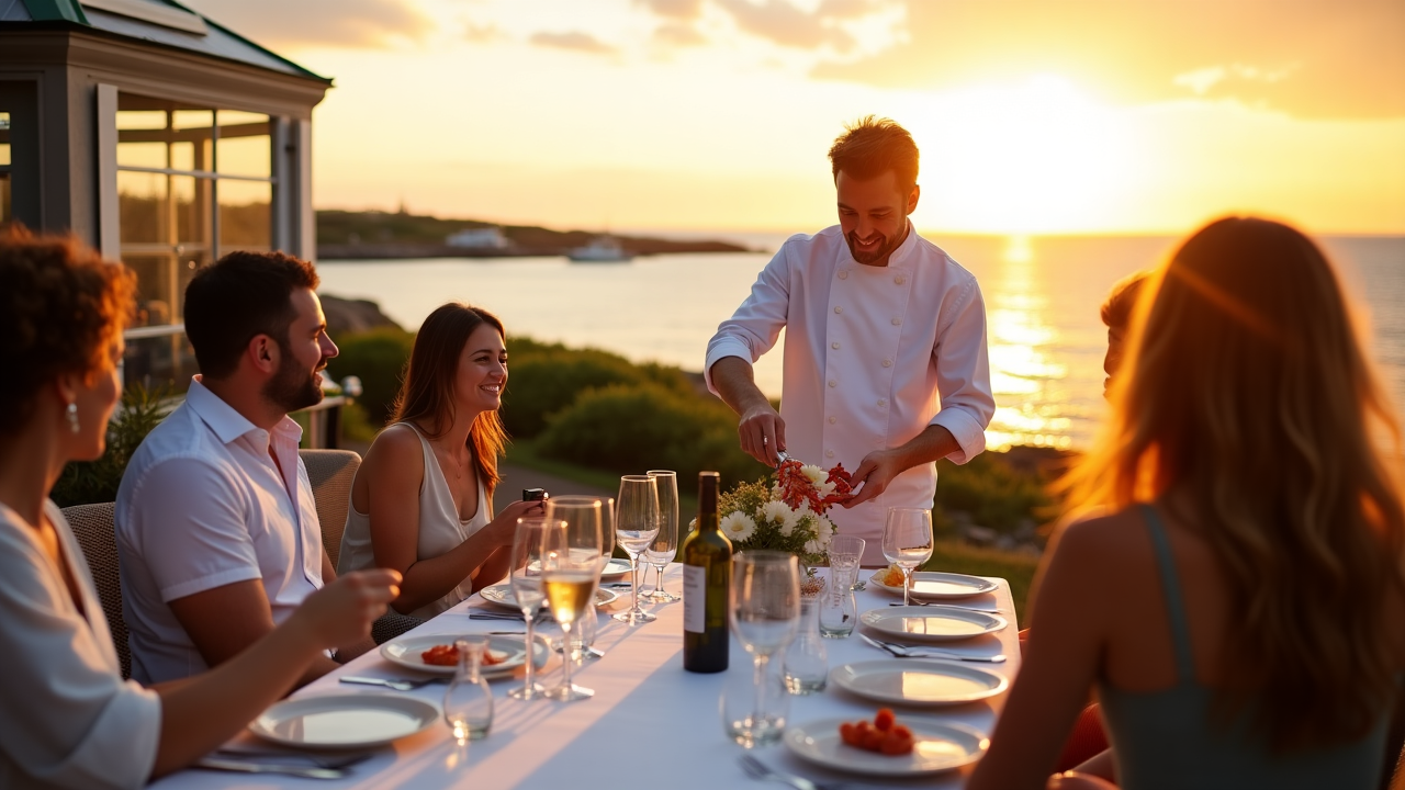 Elegant coastal dining setup with fresh seafood being prepared by chef with ocean backdrop
