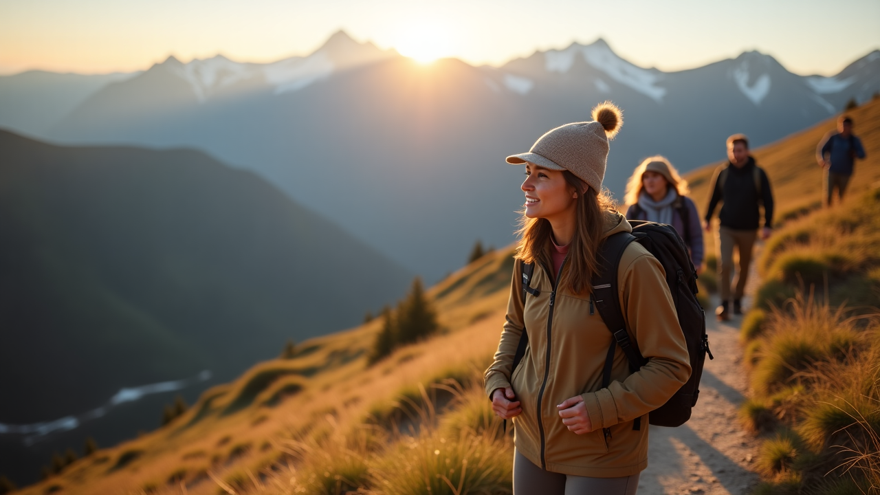 Mountain guide leading hikers along a scenic ridge in the Canadian Rockies