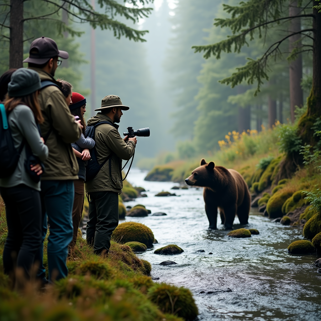 Group observing bears from a safe distance with an expert guide using spotting equipment